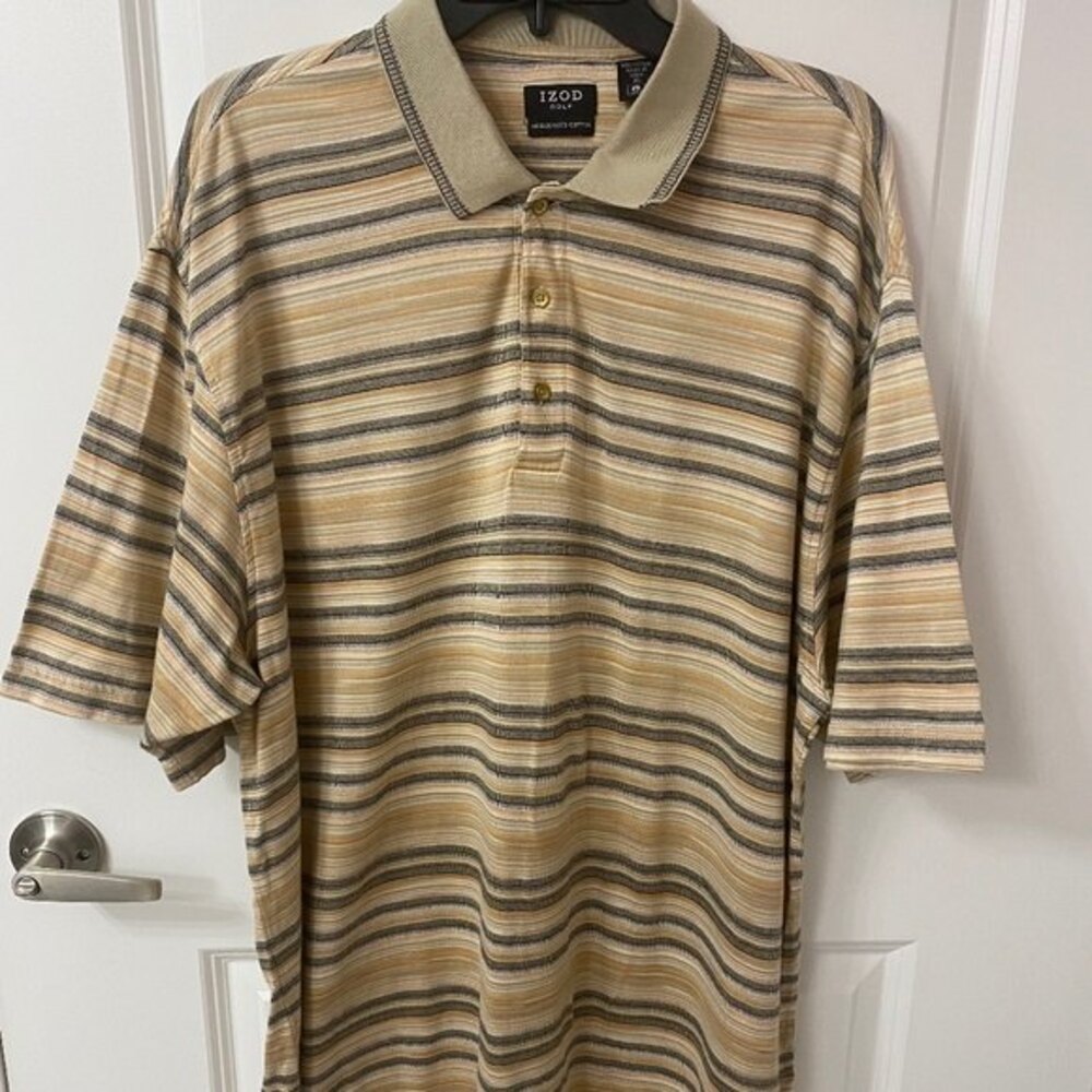 Izod Golf Shirt Men XL Extra Large Stripe Multi Brown Gold Cotton Short Sleeve